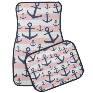 Nautical pink stripe navy blue anchor pattern car floor mat