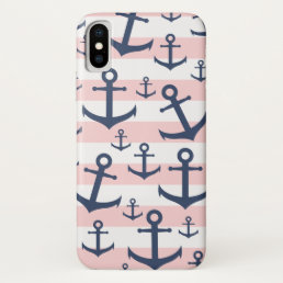Nautical pink stripe navy blue anchor pattern iPhone x case