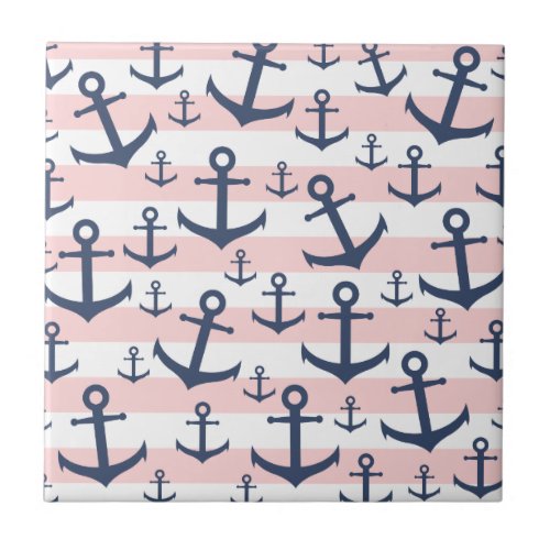 Nautical pink stripe navy blue anchor pattern ceramic tile