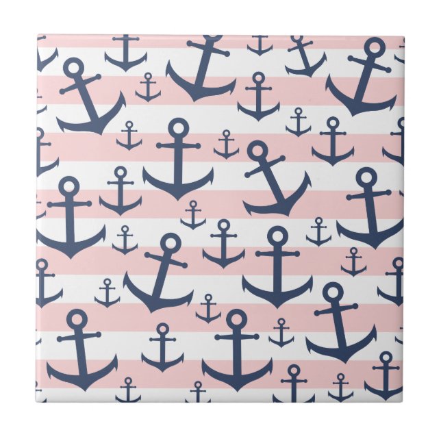 Nautical pink stripe navy blue anchor pattern ceramic tile (Front)