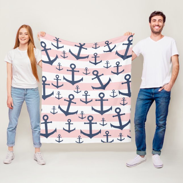 Nautical pink stripe navy blue anchor pattern fleece blanket (In Situ)