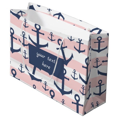 Nautical pink stripe navy blue anchor pattern large gift bag