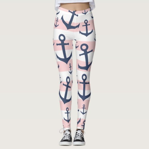 Nautical pink stripe navy blue anchor pattern leggings