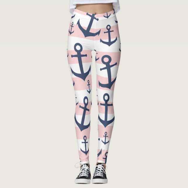 Nautical pink stripe navy blue anchor pattern leggings (Front)