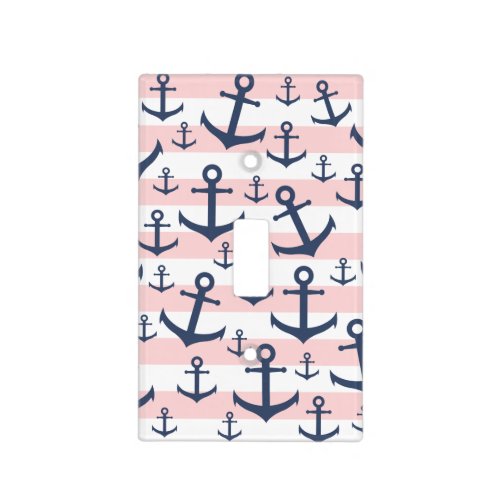 Nautical pink stripe navy blue anchor pattern light switch cover