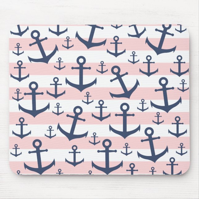 Nautical pink stripe navy blue anchor pattern mouse pad (Front)