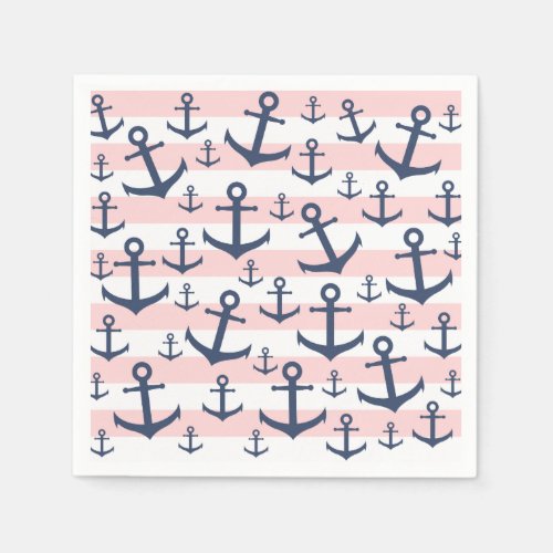 Nautical pink stripe navy blue anchor pattern napkins