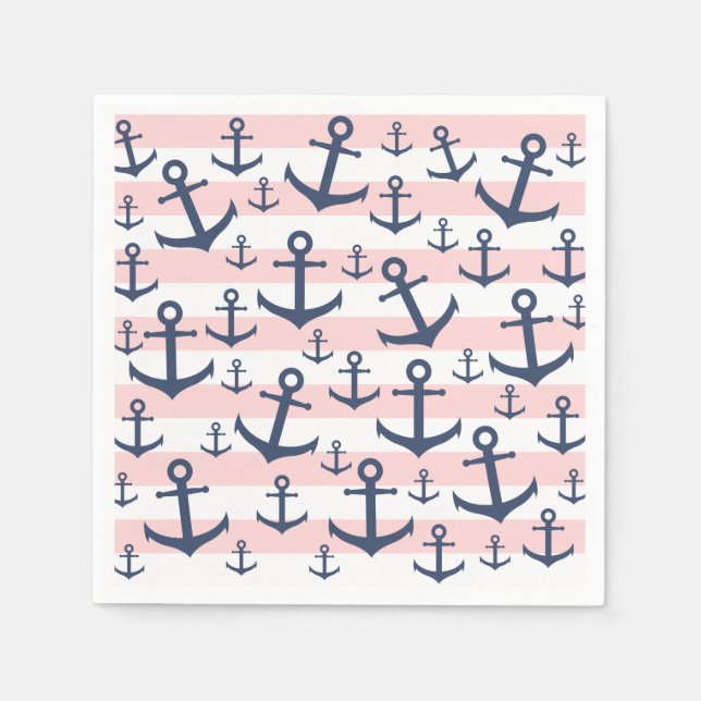 Nautical pink stripe navy blue anchor pattern napkins (Front)