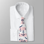 Nautical pink stripe navy blue anchor pattern neck tie<br><div class="desc">Summer design featuring navy blue anchor pattern on a blush pink and white stripe background.</div>