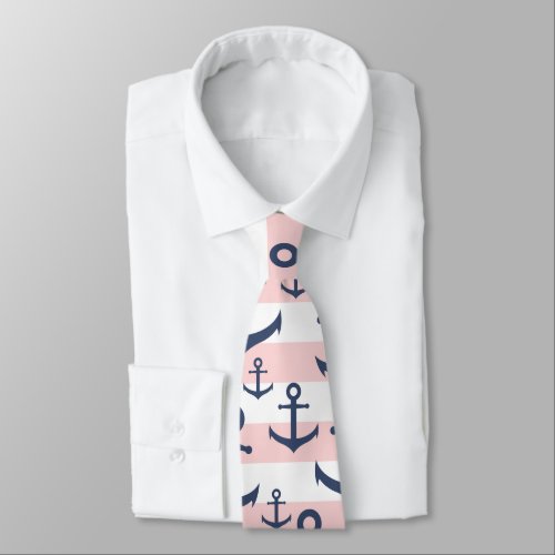 Nautical pink stripe navy blue anchor pattern neck tie