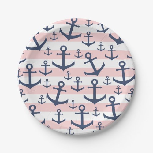 Nautical pink stripe navy blue anchor pattern paper plates