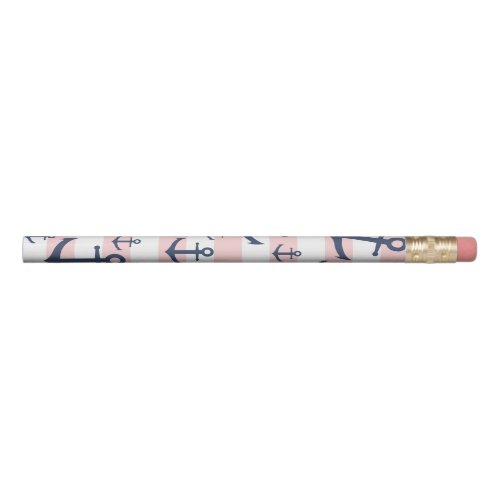 Nautical pink stripe navy blue anchor pattern pencil