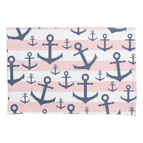 Nautical pink stripe navy blue anchor pattern pillow case