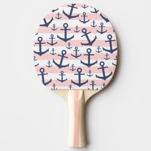 Nautical pink stripe navy blue anchor pattern ping pong paddle