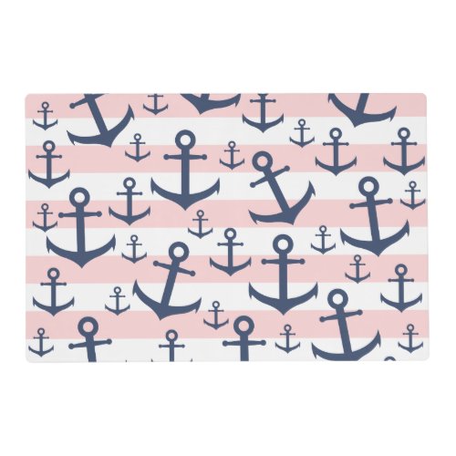 Nautical pink stripe navy blue anchor pattern placemat