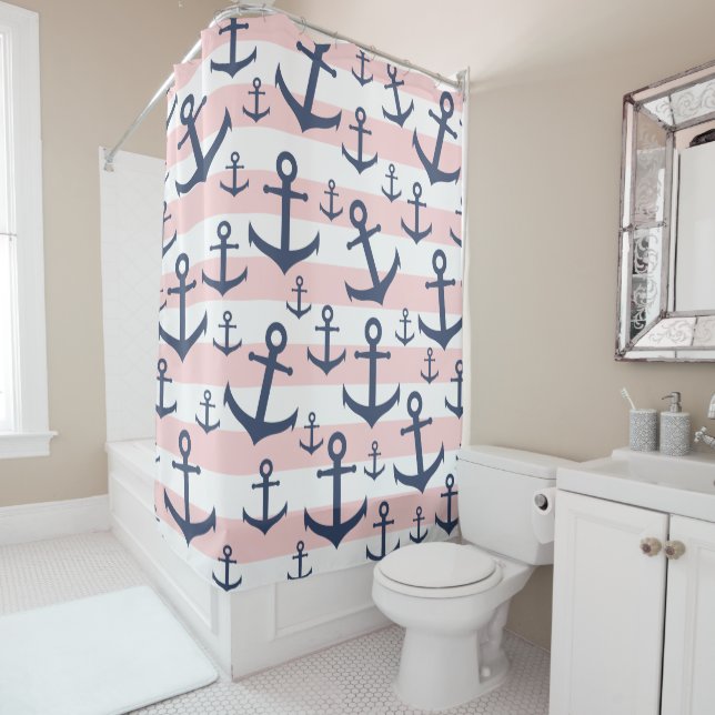 Nautical pink stripe navy blue anchor pattern shower curtain (In Situ)