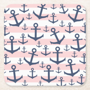 Nautical pink stripe navy blue anchor pattern square paper coaster