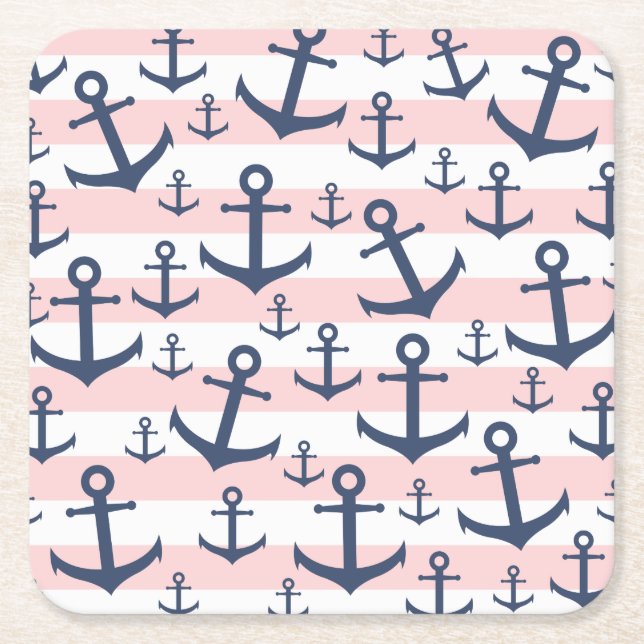 Nautical pink stripe navy blue anchor pattern square paper coaster (Front)
