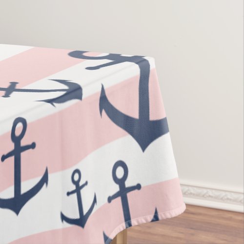 Nautical pink stripe navy blue anchor pattern tablecloth