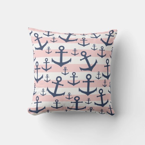 Nautical pink stripe navy blue anchor pattern throw pillow