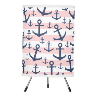 Nautical pink stripe navy blue anchor pattern tripod lamp
