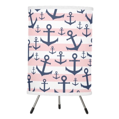 Nautical pink stripe navy blue anchor pattern tripod lamp