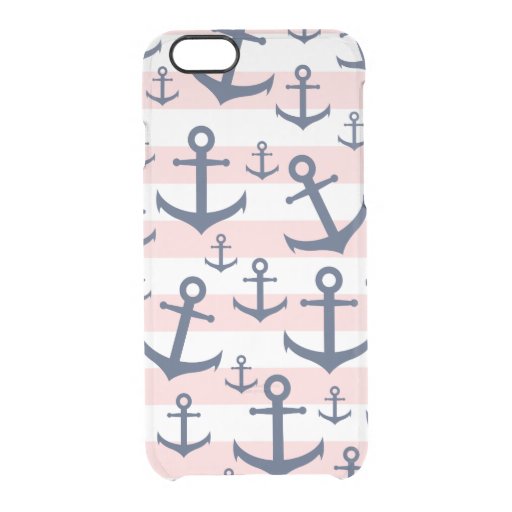 Nautical pink stripe navy blue anchor pattern clear iPhone 6/6S case