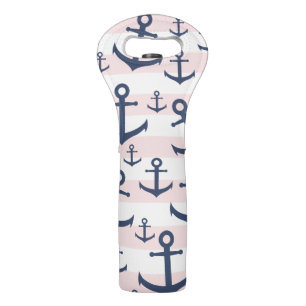 Nautical pink stripe navy blue anchor pattern wine bag