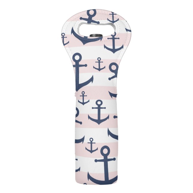 Nautical pink stripe navy blue anchor pattern wine bag (Front)