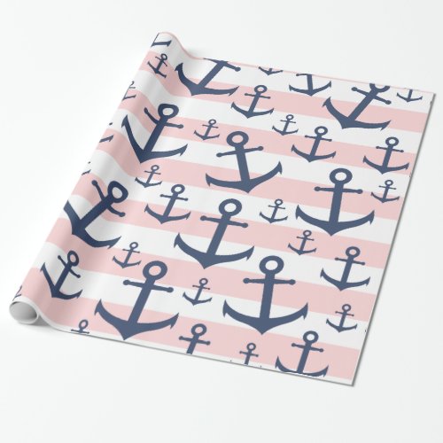 Nautical pink stripe navy blue anchor pattern wrapping paper