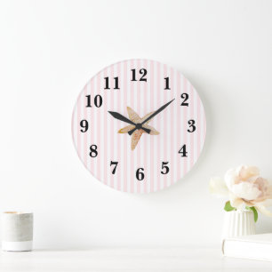 Nautical Pink Stripe Preppy Starfish Large Clock