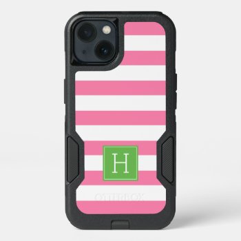 Nautical Pink Stripes And Green Monogram Iphone 13 Case by heartlockedcases at Zazzle