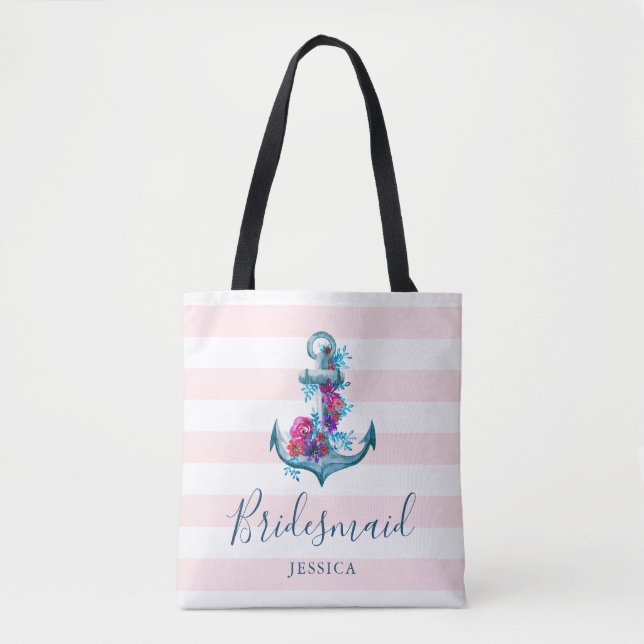 Nautical Pink Stripes Watercolor Anchor Bridesmaid Tote Bag (Front)