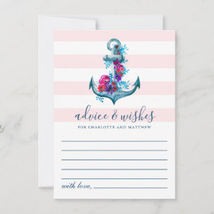 Nautical Pink Stripes Watercolor Anchor Wedding Advice Card