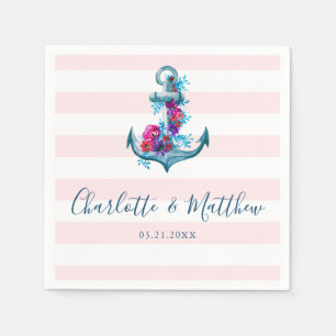 Nautical Pink Stripes Watercolor Anchor Wedding Napkins