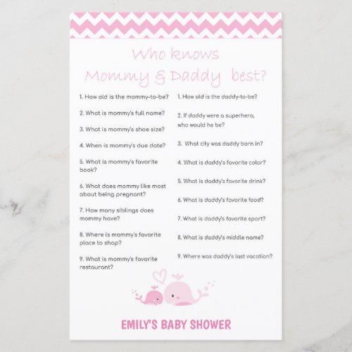 Nautical Pink Whale Baby Shower Game PRINTED