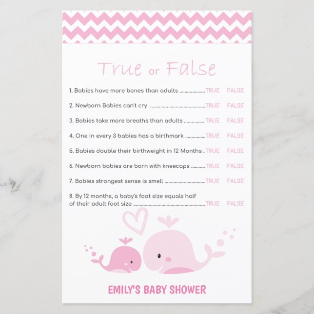 Nautical Pink Whale Baby Shower Game PRINTED (Front)
