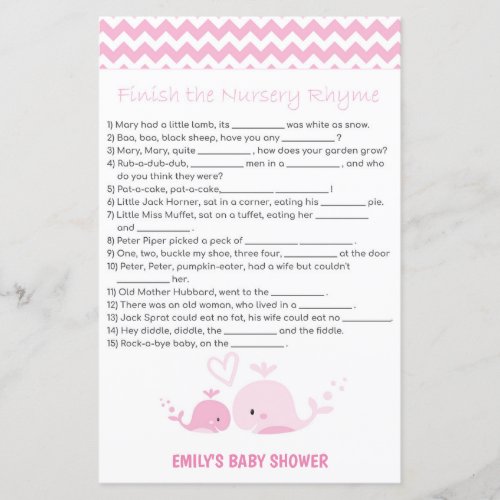 Nautical Pink Whale Baby Shower Game PRINTED