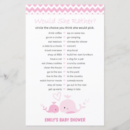 Nautical Pink Whale Baby Shower Game PRINTED