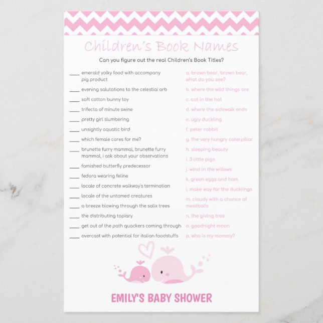 Nautical Pink Whale Baby Shower Game PRINTED (Front)
