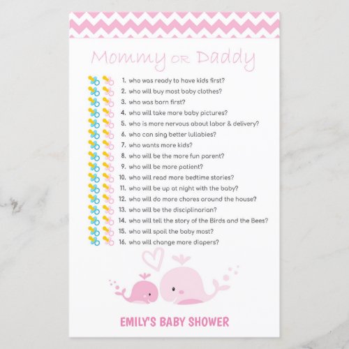 Nautical Pink Whale Baby Shower Game PRINTED