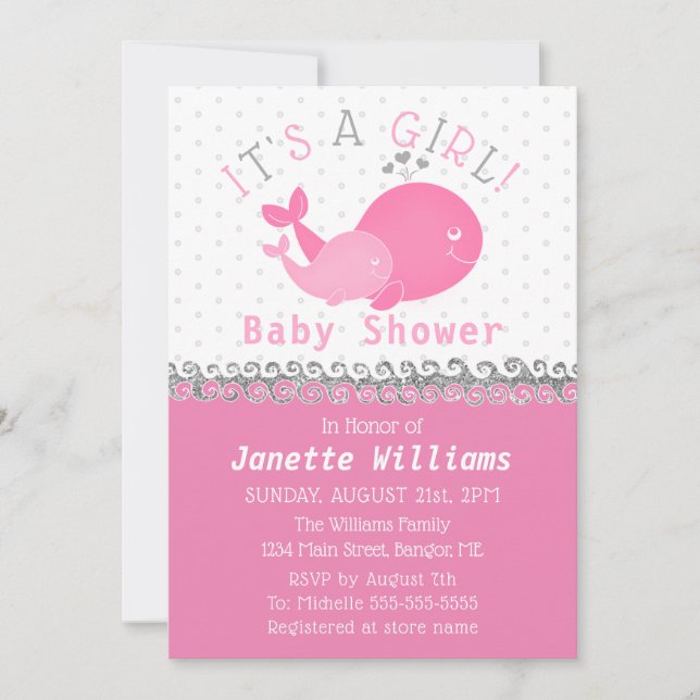 Nautical Pink Whale It's A Girl Baby Shower Invitation (Front)