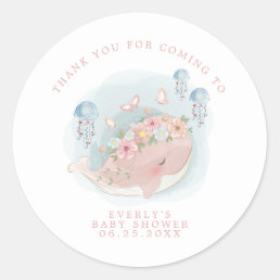 Nautical Pink Whale Jellyfish Baby Shower Thanks Classic Round Sticker