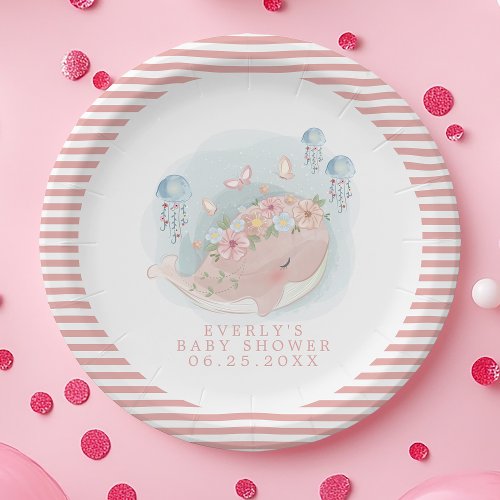 Nautical Pink Whale Jellyfish Girl Baby Shower Paper Plates