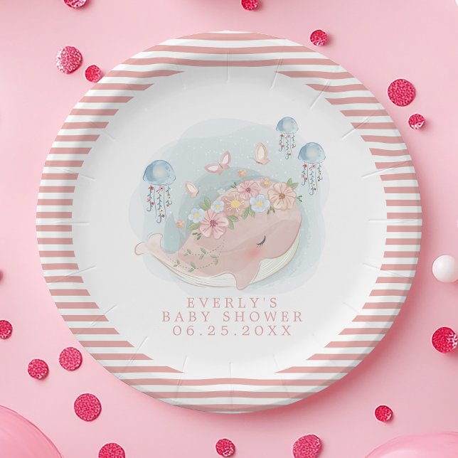 Nautical Pink Whale Jellyfish Girl Baby Shower Paper Plates (Creator Uploaded)