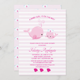 Cute Watercolor Pink Whale, Girl Baby Shower Invitation