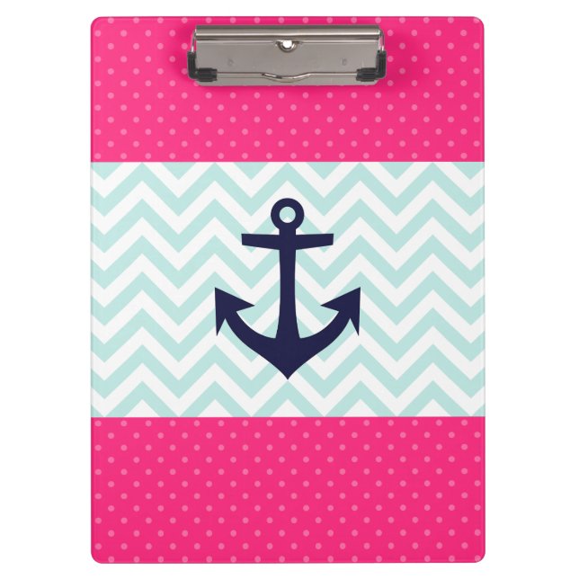 Nautical Pink White Mint Chevron Anchor Pattern Clipboard (Front)