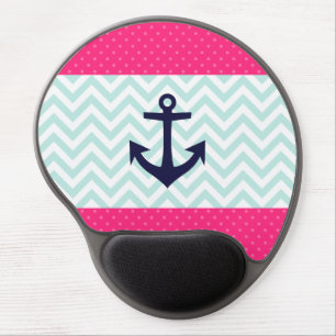 Nautical Pink White Mint Chevron Anchor Pattern Gel Mouse Pad