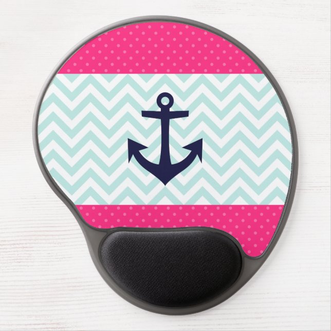 Nautical Pink White Mint Chevron Anchor Pattern Gel Mouse Pad (Front)