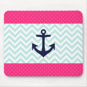 Nautical Pink White Mint Chevron Anchor Pattern Mouse Pad